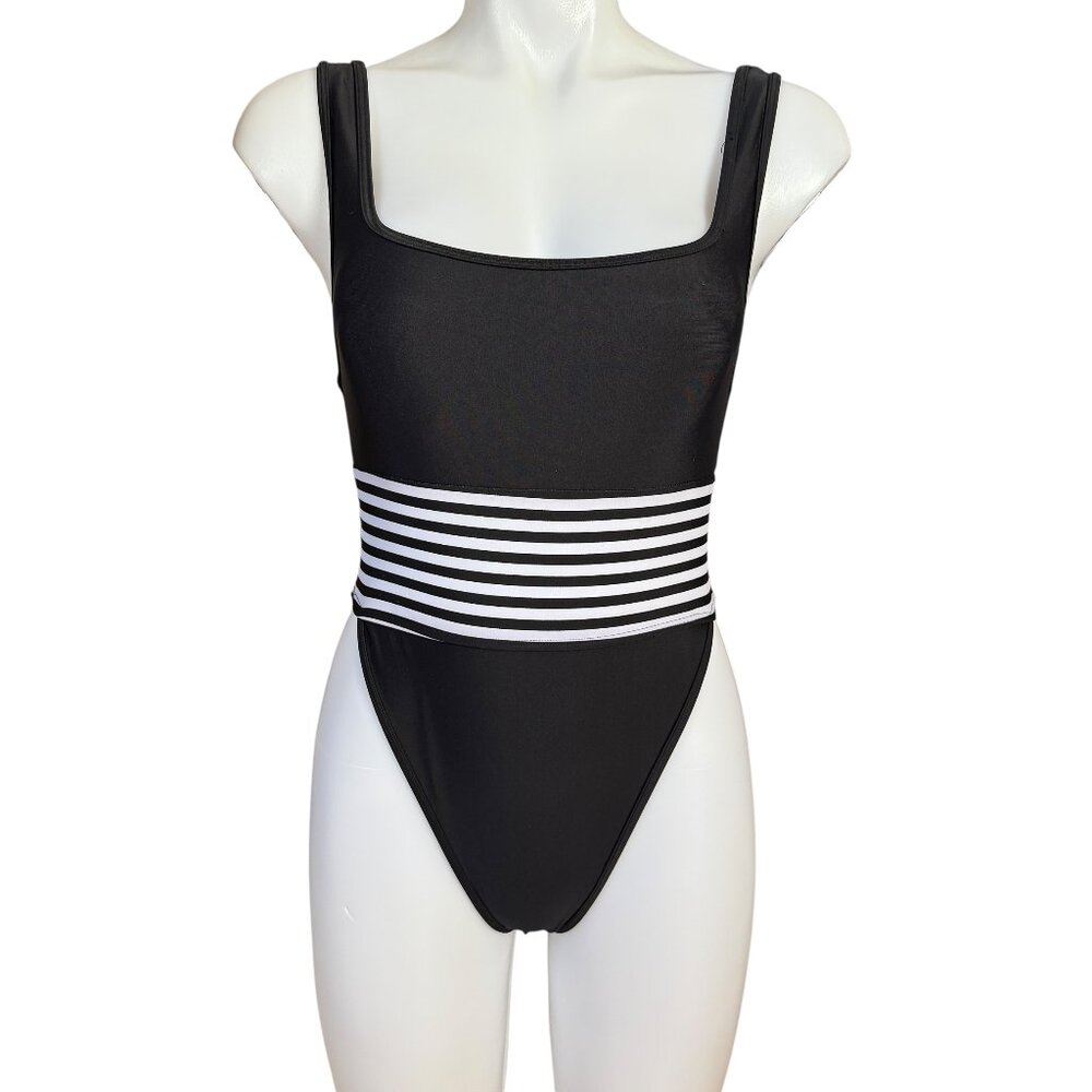 Forever 21 black tank style high cut swimsuit with white stripes lightly padded